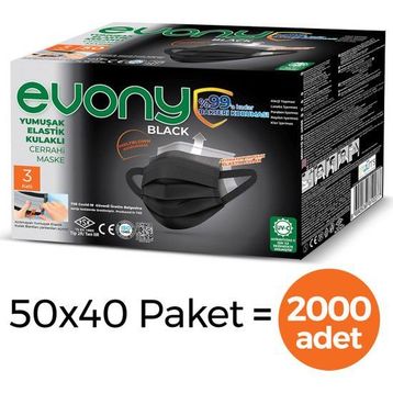 Evony 3 Katlı Yumuşak Elastik Kulaklı 2000 Adet Siyah Maske