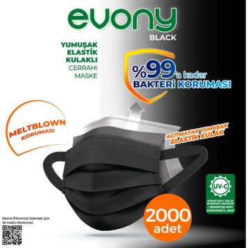 Evony 3 Katlı Yumuşak Elastik Kulaklı 2000 Adet Siyah Maske