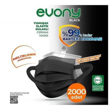 Evony 3 Katlı Yumuşak Elastik Kulaklı 2000 Adet Siyah Maske