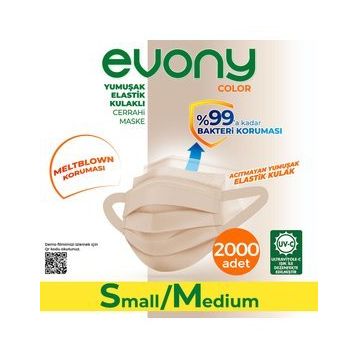 Evony 3 Katlı Yumuşak Elastik Kulaklı S/M 2000 Adet Ten Rengi Maske
