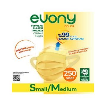 Evony 3 Katlı Yumuşak Elastik Kulaklı S/M 250 Adet Sarı Maske