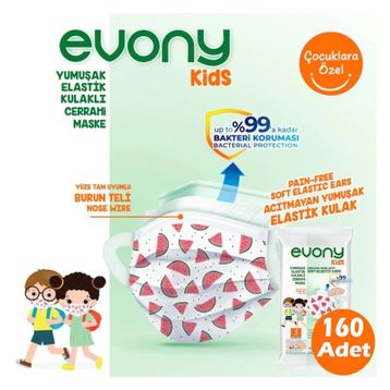 Evony Çocuk Maskesi 3 Katlı Yumuşak Elastik Kulaklı 160 Adet Yeşil Telli Maske