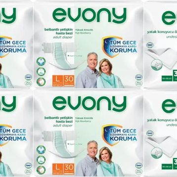 Evony Yetişkin Bel Bantlı Tekstil Yüzey L 120 Adet Hasta Bezi+60 Adet Yatak Koruyucu Örtü