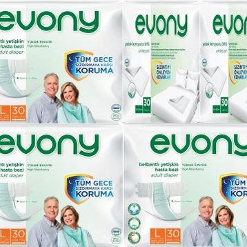 Evony Yetişkin Bel Bantlı Tekstil Yüzey L Büyük 90 Adet Hasta Bezi+60 Adet Yatak Koruyucu Örtü