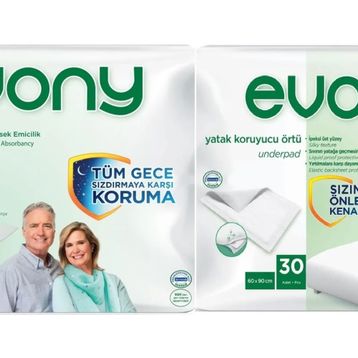 Evony Yetişkin Bel Bantlı Tekstil Yüzey Orta 30 Adet Hasta Bezi+30 Adet Yatak Koruyucu Örtü