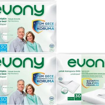 Evony Yetişkin Bel Bantlı Tekstil Yüzey Orta 60 Adet Hasta Bezi+30 Adet Yatak Koruyucu Örtü