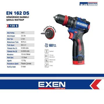 EXEN EN 162 DS 16 V 2x2 Ah Akülü Darbeli Şarjlı Matkap