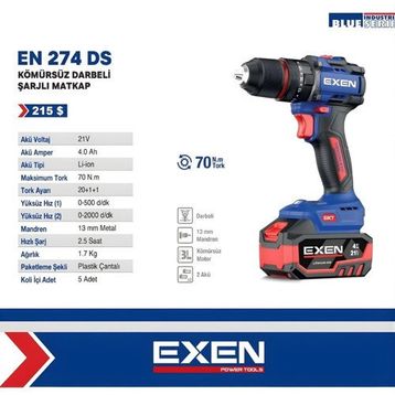 EXEN EN 274 DS 21 V 2x4 Ah Akülü Darbeli Şarjlı Matkap
