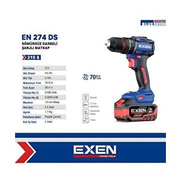 EXEN EN 274 DS 21 V 2x4 Ah Akülü Darbeli Şarjlı Matkap