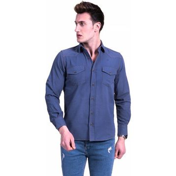 Exve Exclusive BC7509 Lacivert Erkek Kot Dikişli Western Still Pamuk Slim Fit Cepli Gömlek