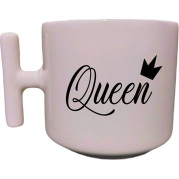 Eylül Design Queen Yazılı Krem Rengi T Saplı Eğlenceli Yazılı Özel Tasarım Baskılı T Kupa Bardak