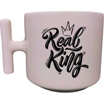 Eylül Design Real King Yazılı Krem Rengi T Saplı Eğlenceli Yazılı Özel Tasarım Baskılı Kupa Bardak
