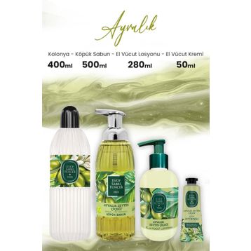 Eyüp Sabri Tuncer Ayvalık Zeytin Vücut Losyonu 280 ml Kolonya 400 ml Krem 50 ml ve 500 ml Köpük Sabun
