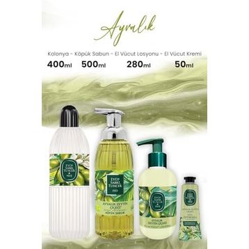 Eyüp Sabri Tuncer Ayvalık Zeytin Vücut Losyonu 280 ml Kolonya 400 ml Krem 50 ml ve 500 ml Köpük Sabun