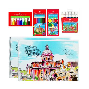 Faber-Castell BTS2022Z1027 Kuru Boya-Sulu Boya-Keçeli Kalem-12 Renk Pastel Boya Ve 25x35 Spiralli 2 Adet Defter Seti