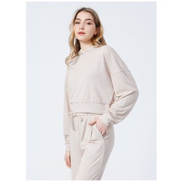 Fabrika B01-Ust Kapüşonlu Lastikli Basic Düz Bej Kadın Sweatshirt