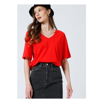 Fabrika TALITA V Yaka Oversize Düz Kadın T-Shirt