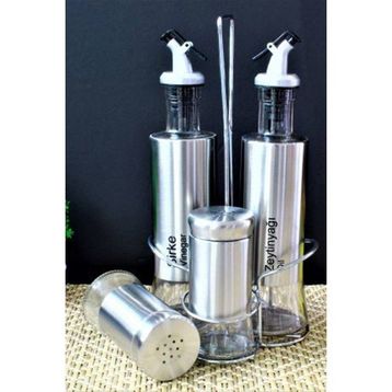 Fame Kitchen 4'lü Metal Standlı Cam Yağlık Sirkelik Tuzluk Seti