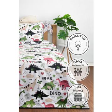 Favora Dino 160x220 cm Yeşil Pamuk Tek Kişilik Nevresim Seti