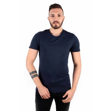 Five Pocket Erkek Lacivert Bisiket Yaka Oversize Cepli Tişört