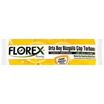 Florex Çöp Torbası Orta Boy 55 Cm X 60 Cm Sarı Limon Kokulu Büzgülü 10'Lu 1 Paket