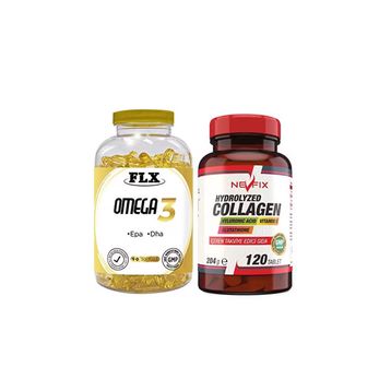 Flx Omega 3 90 Kapsül Balık Yağı + Nevfix Hydrolyzed Collagen Hyaluronic Acid Vitamin C 120 Tablet