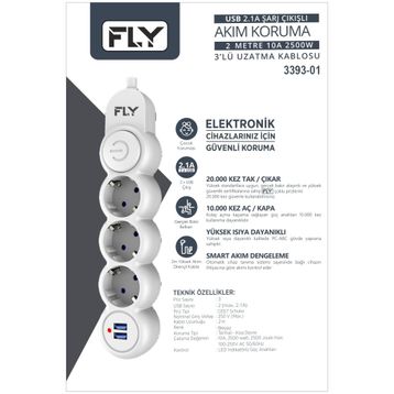 Fly 3393-01 3 Soket 2 USB 2.1A Anahtarlı 2 mt Kablo Beyaz Akım Korumalı Priz