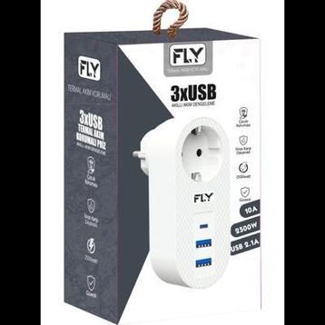 Fly 3400-01 2.1A Beyaz 1 Soket 2 USB 1 Type-C Akım Korumalı Priz