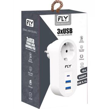 Fly 3400-01 2.1A Beyaz 1 Soket 2 USB 1 Type-C Akım Korumalı Priz