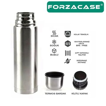 Forzacase FC044 Siyah Paslanmaz Çelik 500 ml 12 Saat Sıcak Soğuk Tutan Çay Kahve Su Termosu