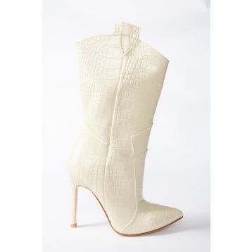 Fox Shoes N372677511 Bej Kroko Baskı Yüksek İnce Topuklu Kadın Bot