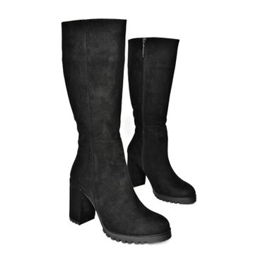 Fox Shoes R518911402 Siyah Süet Kalın Topuklu Kadın Çizme