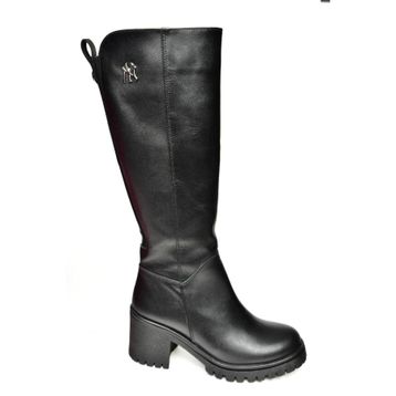 Fox Shoes R654034003 Siyah Gerçek Deri Kalın Topuklu Kadın Çizme
