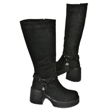 Fox Shoes T996224002 Siyah Süet Kalın Topuklu Kadın Çizme