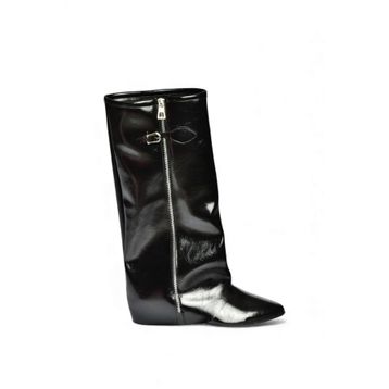 Fox Shoes V380526460 Siyah Rustik Düz Taban Fermuar Detaylı Kadın Çizme