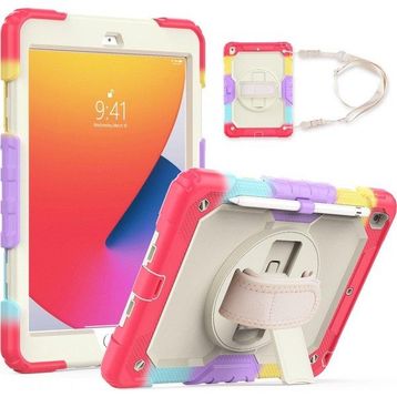 Fuchsia Apple iPad 9.7 inç 2017 / 2018 5./6. Nesil Uyumlu Ekran Koruyuculu Kalemlikli Gökkuşağı Renkli Strap 360° Dönebilen Kırmızı Tablet Kılıfı