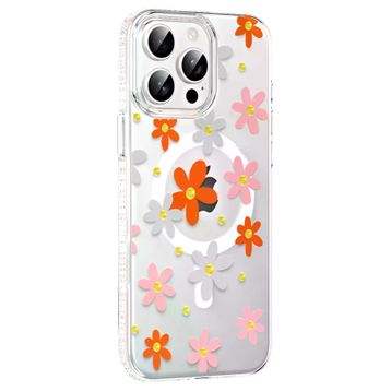 Fuchsia İphone 14 Pro Max İle Uyumlu Floral Turuncu Kablosuz Şarj Özellikli Kapak