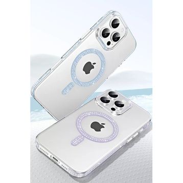 Fuchsia İphone 14 Pro Max İle Uyumlu Move Pembe Taşlı Kablosuz Şarj Özellikli Kapak