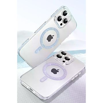 Fuchsia İphone 14 Pro Max İle Uyumlu Move Pembe Taşlı Kablosuz Şarj Özellikli Kapak