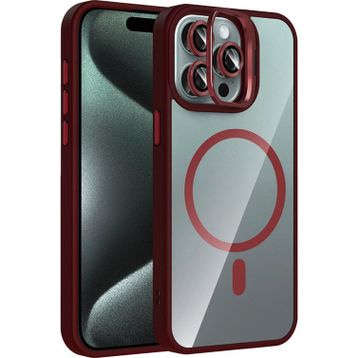 Fuchsia İphone 14 Pro Max İle Uyumlu Remim Bordo Lensli Kablosuz Şarj Özellikli Standlı Kapak