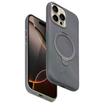 Fuchsia İphone 14 Pro Max Uyumlu Vapor Titan Gri Deri Kablosuz Şarj Özellikli Standlı Kılıf