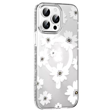 Fuchsia İphone 15 Pro İle Uyumlu Floral Beyaz Kablosuz Şarj Özellikli Kapak