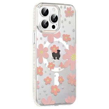 Fuchsia İphone 15 Pro İle Uyumlu Floral Pembe Kablosuz Şarj Özellikli Kapak