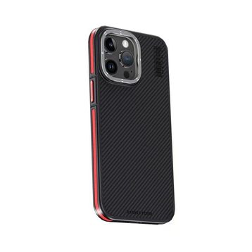 Fuchsia İphone 15 Pro İle Uyumlu Kılıf Aramid 600D Kevlar Kırmızı Karbon Fiber Kablosuz Şarj Özellikli Kapak