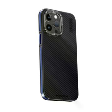 Fuchsia İphone 15 Pro İle Uyumlu Kılıf Aramid 600D Kevlar Lacivert Karbon Fiber Kablosuz Şarj Özellikli Kapak