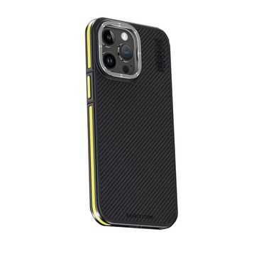 Fuchsia İphone 15 Pro İle Uyumlu Kılıf Aramid 600D Kevlar Sarı Karbon Fiber Kablosuz Şarj Özellikli Kapak