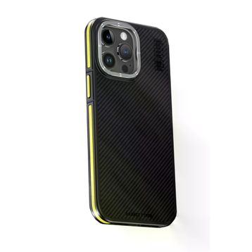 Fuchsia İphone 15 Pro İle Uyumlu Kılıf Aramid 600D Kevlar Sarı Karbon Fiber Kablosuz Şarj Özellikli Kapak