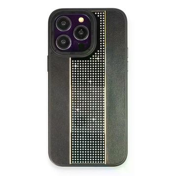 Fuchsia İphone 15 Pro İle Uyumlu Kılıf Hbc-160 Almera Taşlı Siyah Kapak