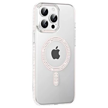 Fuchsia İphone 15 Pro İle Uyumlu Move Gümüş Taşlı Kablosuz Şarj Özellikli Kapak