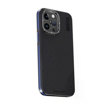 Fuchsia İphone 15 Pro Max İle Uyumlu Kılıf Aramid 600D Kevlar Lacivert Karbon Fiber Kablosuz Şarj Özellikli Kapak